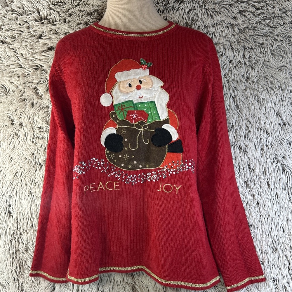 Christmas Knit Sweater Santa Peace Joy Red Holly‎ Metallic Gold Sequin Size 8-10